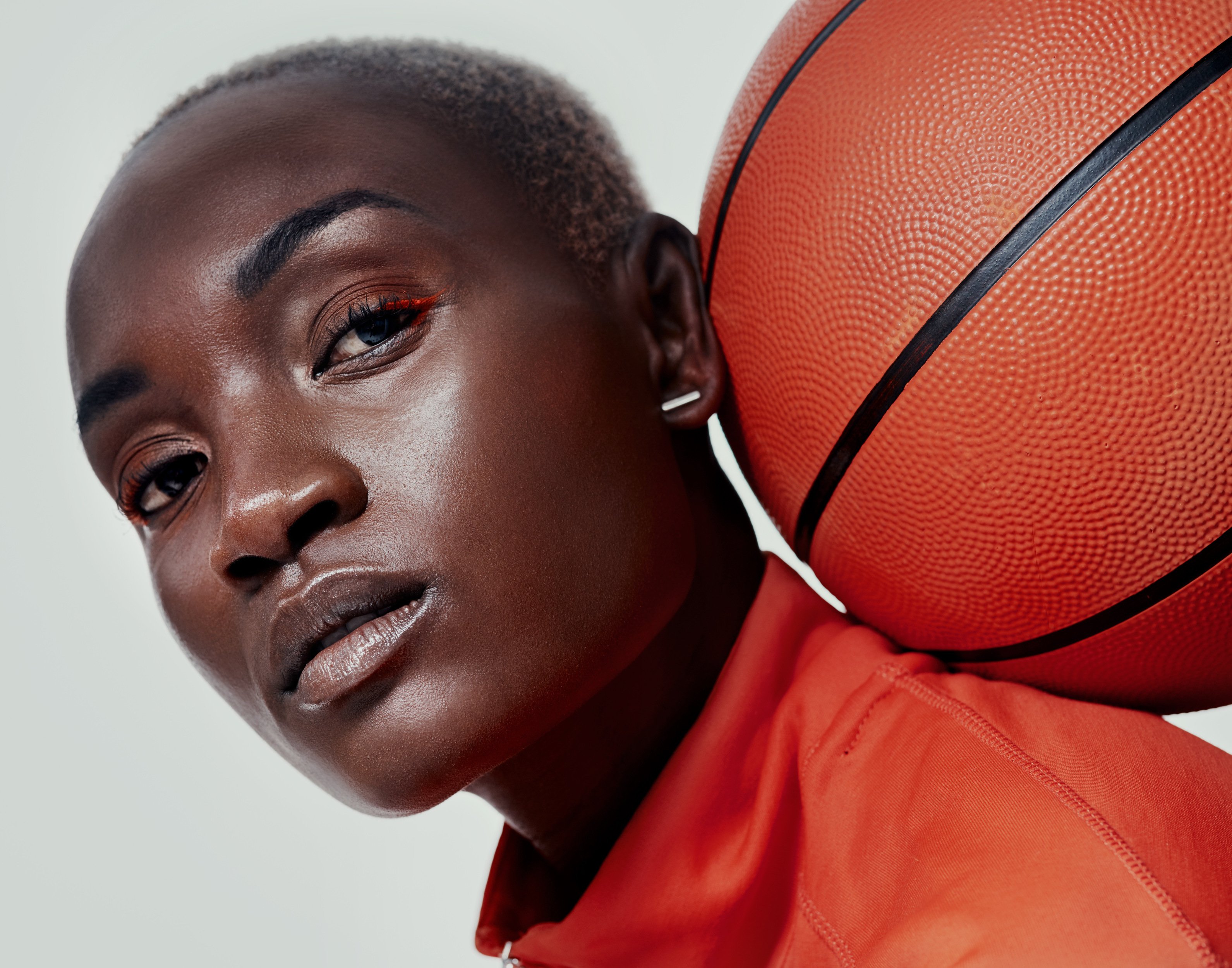 basketball-sports-model-with-portrait-black-woman-studio-championship-league-talent-training-competition-mvp-athlete-challenge-with-person-white-background-fitness
